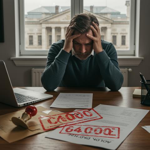 בעל עסק תופס את הראש במשרד לאחר שקיבל קנס